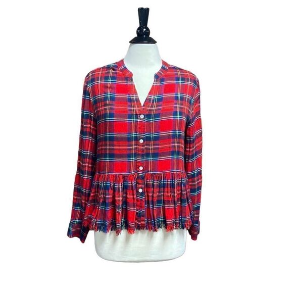 MudPie Red Plaid Button Front Ruffle Bottom Top Size Medium - Picture 1 of 7